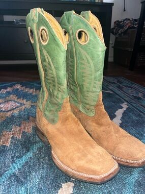 Men's Two-Tone Suede Western Boots in Green and Brown